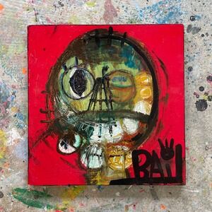 Original Abstract Art Painting Mixed Media Face Red Canvas Signed Bail